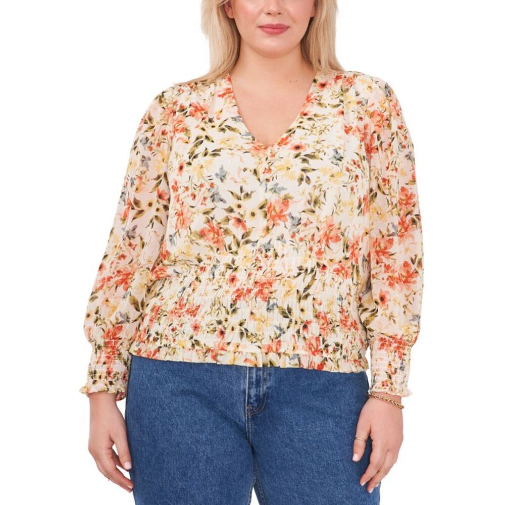 1.State Trendy Plus Size Printed Smocked Waist Top